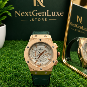 Hublot Style Rose Gold Chronograph Watch with Green Strap