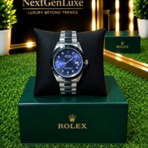 Rolex blue dial silver watch with date display