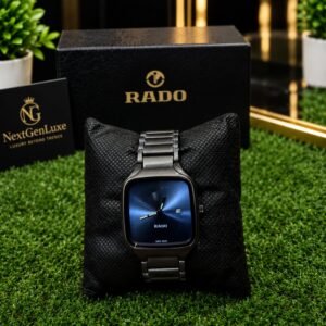 Rado black square dial men's watch with dark blue dial and stainless steel bracelet