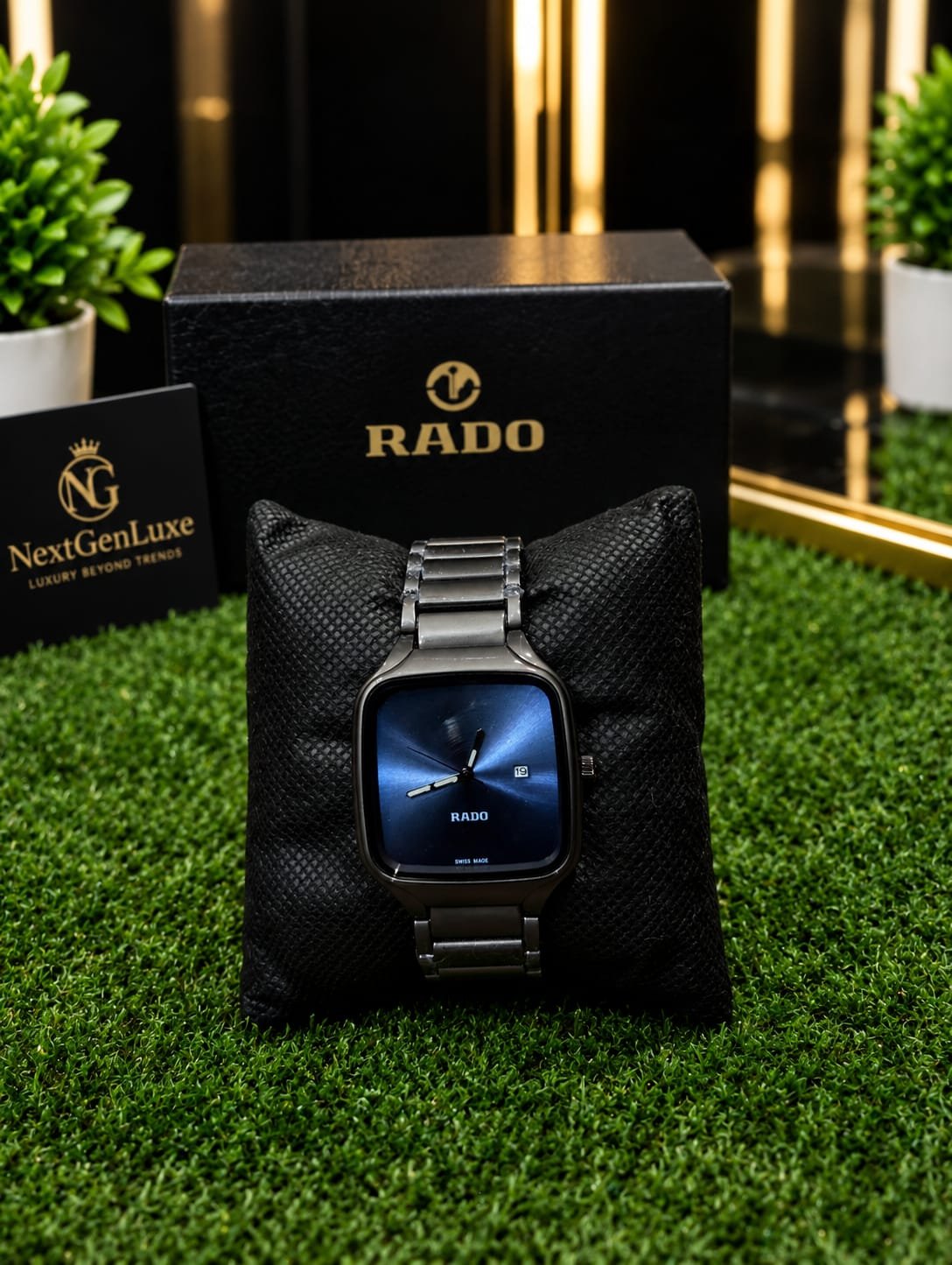 Rado black square dial men's watch with dark blue dial and stainless steel bracelet