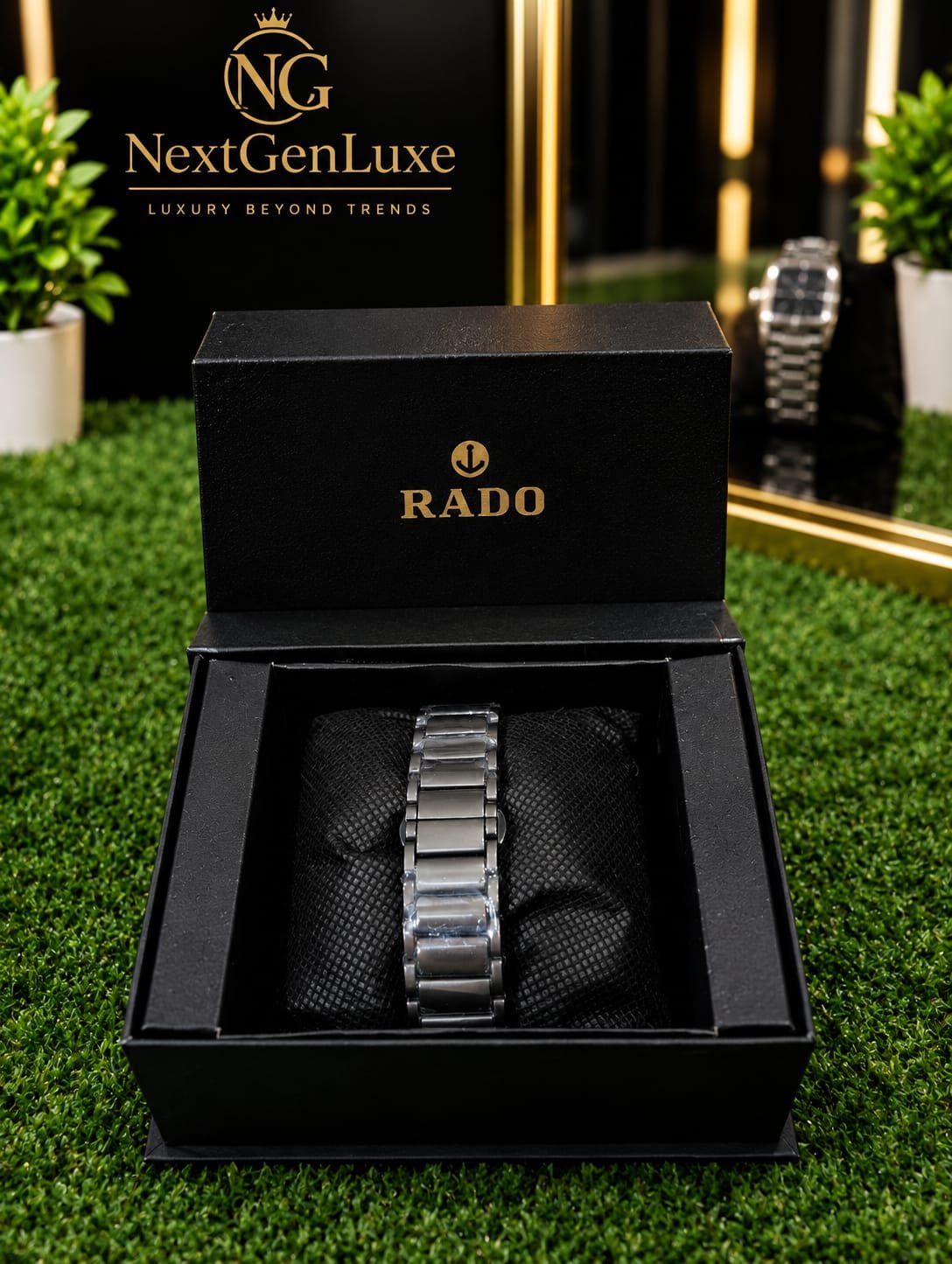 Rado black square dial men's watch with dark blue dial and stainless steel bracelet