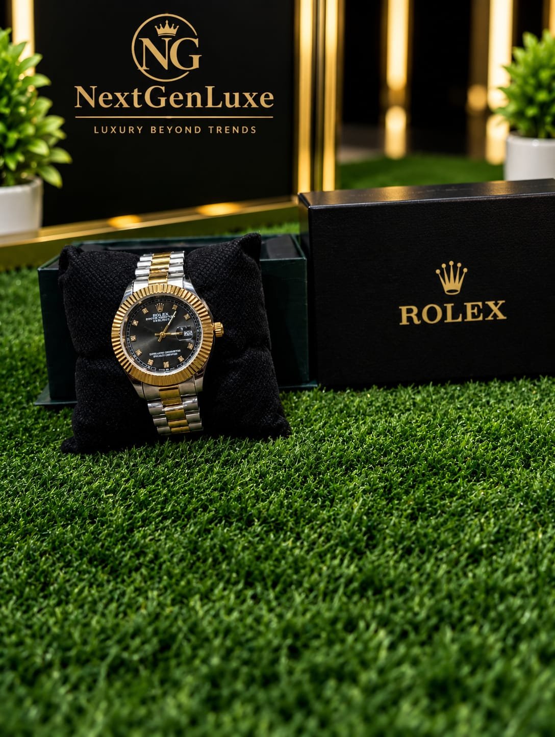 Rolex Two Tone Black Dial Watch for Men