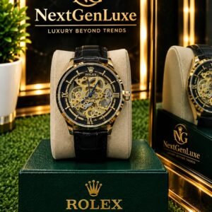 Luxury skeleton watch for men with gold case and black leather strap