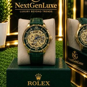Automatic skeleton watch for men with green dial and leather strap