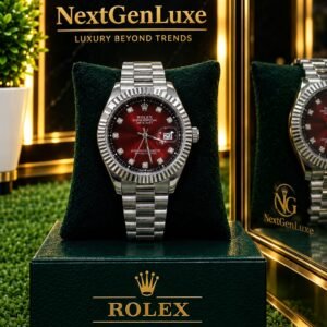 Rolex Red Dial Watch with Stainless Steel Bracelet and Date Display