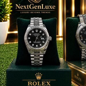 Rolex Black Dial Watch with Stainless Steel Bracelet and Date Display